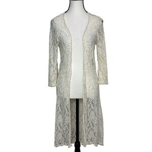 Mauve Ivory Lace Longline Duster Sheer Floral Bridal Robe Boho Kimono Large